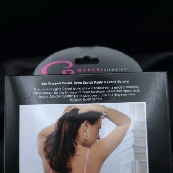 3pc Lace Corset Set Open Crotch Panty Garters Candy Pink O/S G World Intimates - Picture 5 of 7